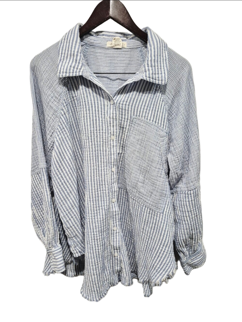 FESTI Blue Striped Gauze Cotton Button Down Shirt Raw Fringed Hem Oversized Size